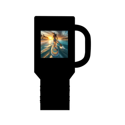 Fantasy Paddleboarding 40oz Insulated Stainless Steel Travel Mug in black, adorned with a stunning paddleboarding landscape at sunset, embodying luxury and adventure.