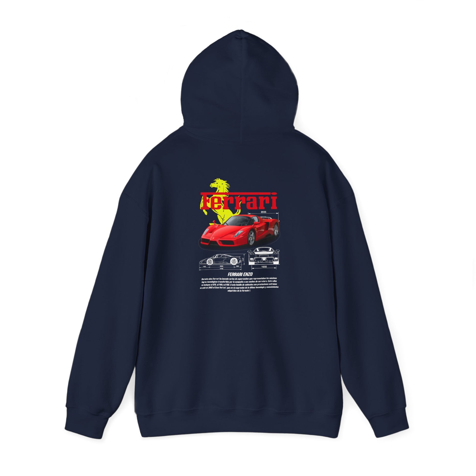 Stylish navy hoodie displaying a striking Ferrari Enzo design on the back, perfect for making a bold fashion statement.