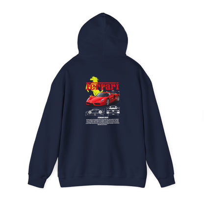 Stylish navy hoodie displaying a striking Ferrari Enzo design on the back, perfect for making a bold fashion statement.