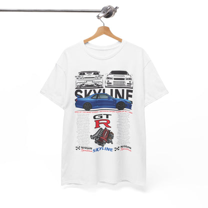 Nissan Skyline GT-R T-Shirt elegantly displayed on a hanger, highlighting the intricate design and quality craftsmanship, reflecting a passion for iconic cars.