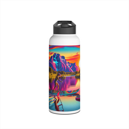 Elegant Fantasy Paddleboarding Stainless Steel Water Bottle showcasing an immersive paddleboarding design against a beautiful sunset backdrop.