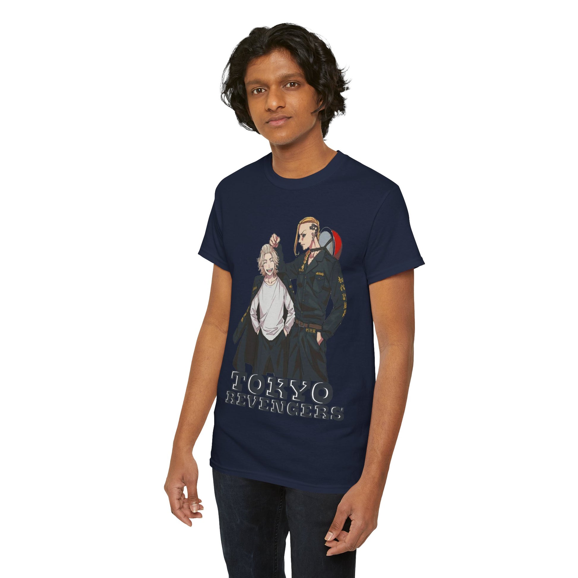 Elegant navy t-shirt showcasing a unique graphic design from Tokyo Revengers, featuring two captivating male anime characters. Perfect stylish streetwear for anime enthusiasts.