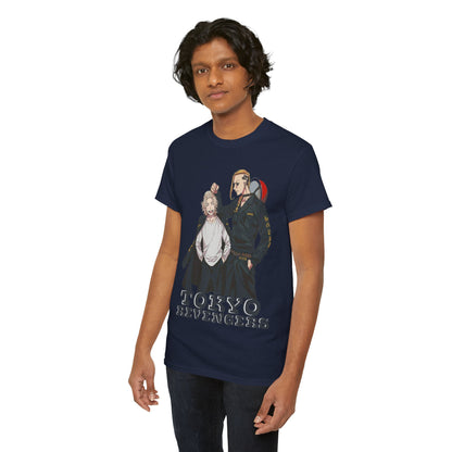 Elegant navy t-shirt showcasing a unique graphic design from Tokyo Revengers, featuring two captivating male anime characters. Perfect stylish streetwear for anime enthusiasts.