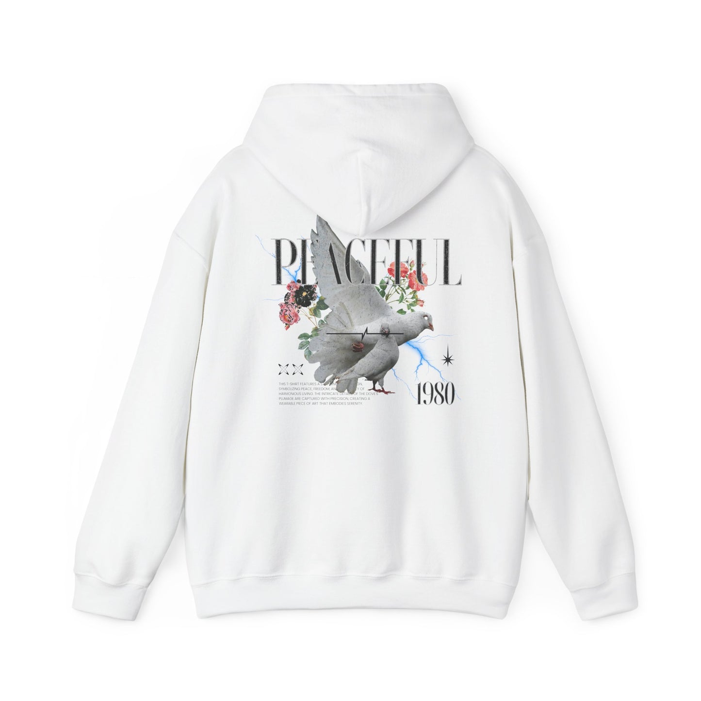 Stylish white hoodie featuring a serene dove and floral graphic, highlighted by the word 'PEACEFUL' and '1980', embodying a vintage aesthetic.