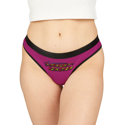 Luxury women's thong featuring a vibrant pink fabric with black edges, boldly printed with "Plays Naughty With Others" on the front, perfect for playful yet confident lingerie style.
