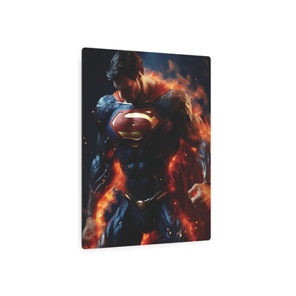 Elegant Superman Metal Art Poster highlighting the iconic superhero in a vibrant, fiery setting, crafted from premium aluminium for a luxurious wall decor that inspires and captivates.