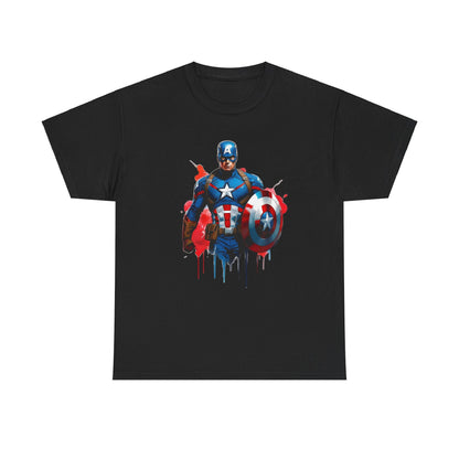 Captain America Graphic Tee in black, showcasing a striking comic illustration of Captain America holding his iconic shield, perfect for superhero enthusiasts.