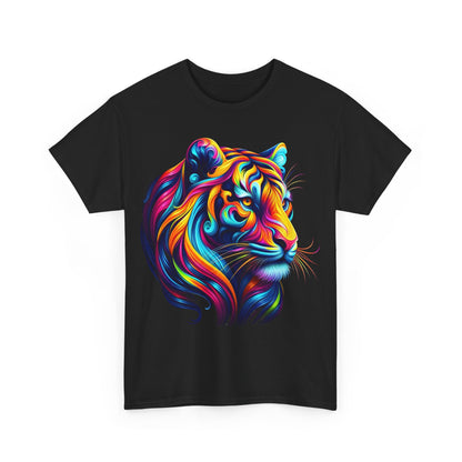 Tiger's Whimsy Graphic Unisex T-Shirt featuring a vibrant, intricately designed tiger artwork with a kaleidoscope of colours on a black background, perfect for fashion enthusiasts.