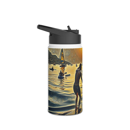 Luxury Fantasy Paddleboarding Stainless Steel Water Bottle showcasing a stunning sunset scene with paddleboarders, ideal for outdoor enthusiasts.
