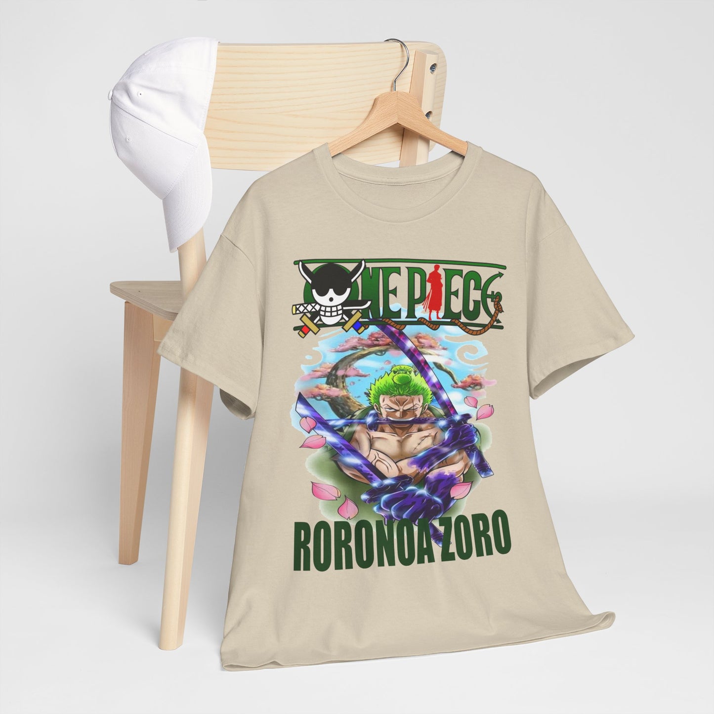 Chic Roronoa Zoro T-shirt draped elegantly over a chair, presenting a harmonious blend of style and fandom, suitable for both casual and sophisticated outfits.