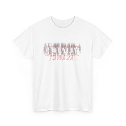 Close-up of the 'Totally Tubular' unisex graphic T-shirt in white, showcasing the unique rectangular design and textured finish, tailored for devoted Stranger Things enthusiasts.
