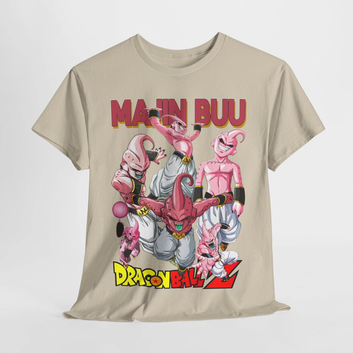 Fashionably displayed beige t-shirt with eye-catching Majin Buu thematic artwork from Dragon Ball Z, blending anime culture with high-end style.