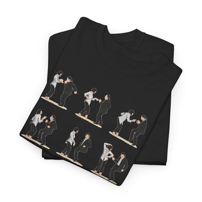 Fashionable Pulp Fiction Dance graphic tee with illustrations highlighting delightful dance pairs. This luxurious unisex t-shirt is a must-have for enthusiasts of classic films and stylish urban wear.