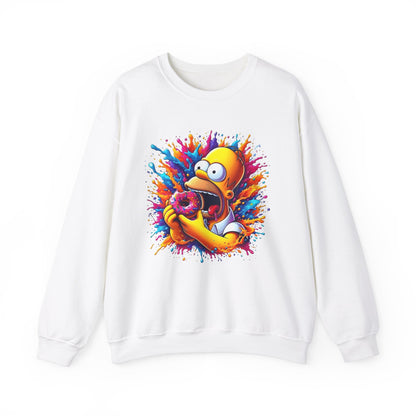 Luxury unisex sweatshirt featuring a vibrant graphic design of Homer Simpson enjoying a donut, titled 'Simpsons Homer Donut Unisex Sweatshirt Urban Homer’s Hungry Delight'.