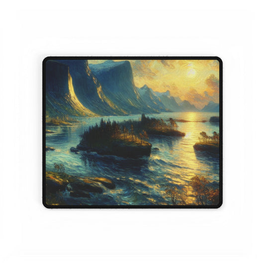 Munchian Euphoric Whimsy mouse mat in a square format, illustrating dramatic Norwegian scenery, perfect for art lovers who seek sophistication and inspiration in their office equipment.