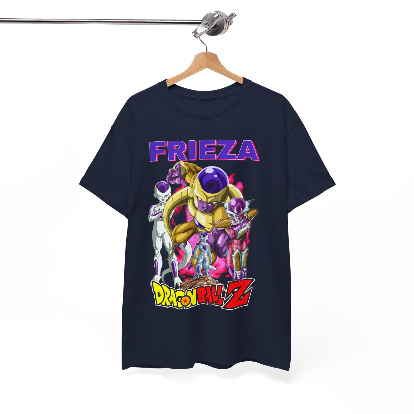Elegant navy t-shirt elegantly hanging, showcasing a stunning Frieza graphic from Dragon Ball Z along with bold lettering, a must-have for premium anime apparel collectors.