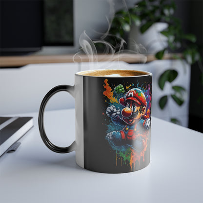 Luxury 11oz Colour Morphing Mug for Gamers showcasing a vibrant thermal changing design with a game character illustration, perfect for a stylish coffee experience.