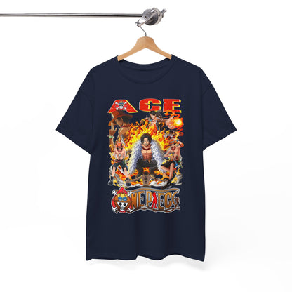 Navy graphic t-shirt featuring Ace from One Piece, elegantly displayed on a hanger, showcasing vibrant artwork and premium fabric for anime fashion lovers.