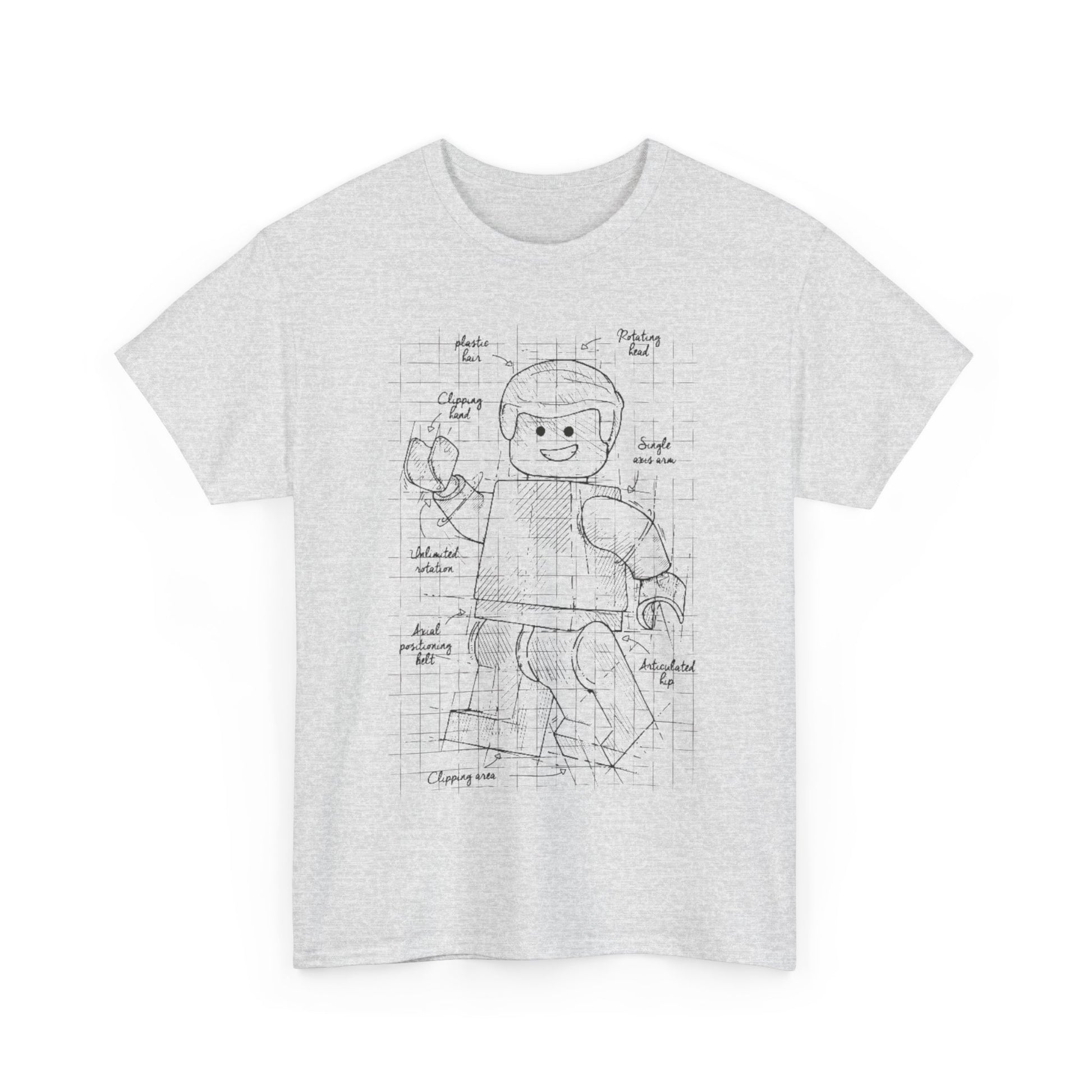 Refined front view of a grey men's t-shirt adorned with a detailed Lego figure sketch blueprint, appealing to innovative minds.