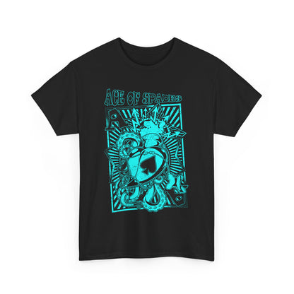 Front view of a luxurious men's T-shirt featuring a striking 'Ace of Spades' graphic design in vibrant turquoise and black, perfect for fashion-forward music enthusiasts.