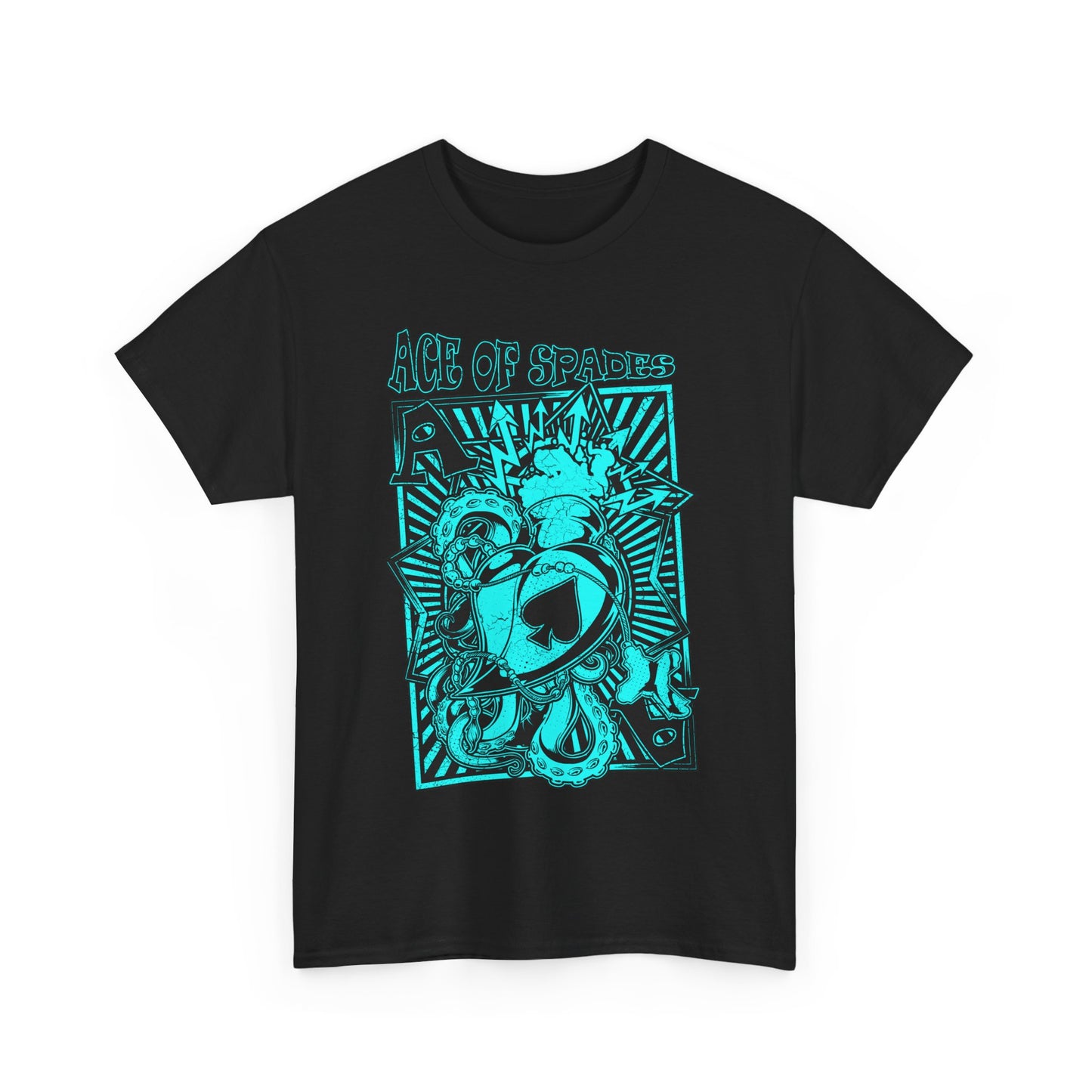 Front view of an elegant black men's t-shirt adorned with a striking ACE OF SPADES graphic in teal, making a bold fashion statement.
