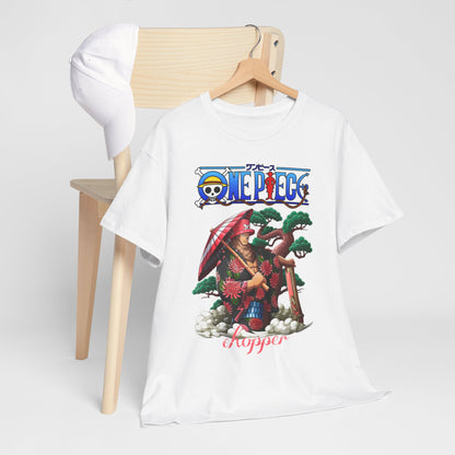 Sleek white t-shirt featuring Chopper from One Piece, styled with a fashionable cap on a wooden chair, illustrating a vibrant anime design perfect for stylish comfort.