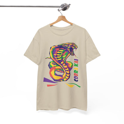 Chic Cobra Kai graphic T-shirt elegantly displayed on a hanger, adorned with a bold snake illustration, perfect for those seeking a statement piece in fashion.