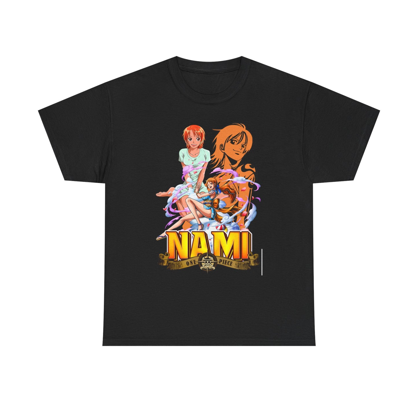 Sophisticated men's t-shirt showcasing exquisite Nami anime design from One Piece, presented in timeless black, perfect for a stylish yet casual look.