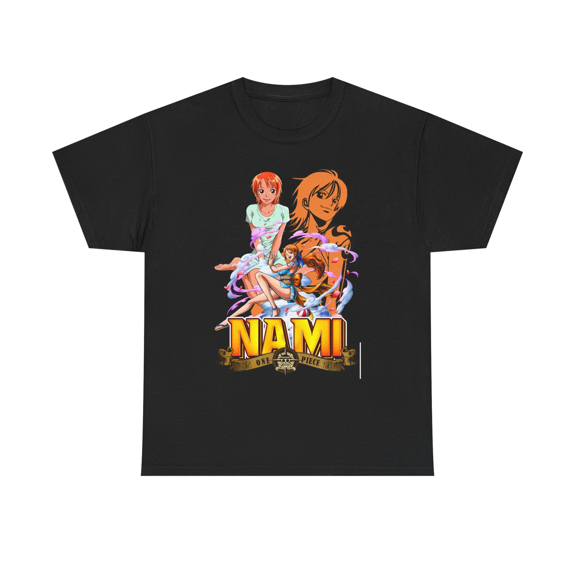 Sophisticated men's t-shirt showcasing exquisite Nami anime design from One Piece, presented in timeless black, perfect for a stylish yet casual look.