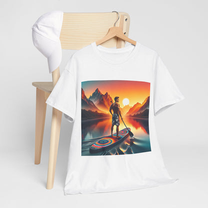 Luxury Serene Paddle Board T-Shirt design featuring a serene paddleboarding scene, created for nature lovers by Dazzling Dreams Studio.