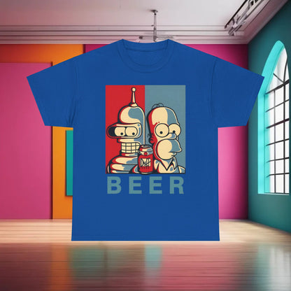 Bender and Homer Beer Poster Graphic T-Shirt Urban Unisex Cotton Tee displayed against a vibrant backdrop, featuring iconic characters in a retro-style design.