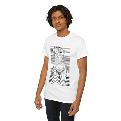 Stylish unisex optical illusion graphic t-shirt featuring a unique black and white design, elegantly worn by a model, ideal for making a bold fashion statement.