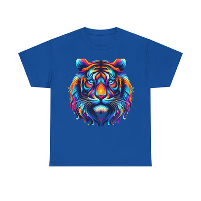Tiger's Whimsy Graphic Tee - Unisex vibrant artistic t-shirt featuring a kaleidoscopic tiger design on a cerulean blue background, showcasing whimsical colours and intricate patterns.