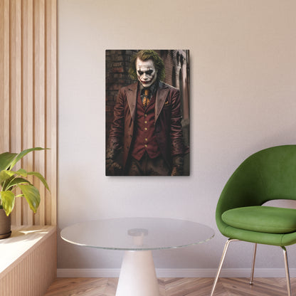 Joker Metal Art Poster elegantly displayed in a modern interior, showcasing the iconic villain from The Dark Knight, featuring a striking matte aluminium finish and vibrant details.