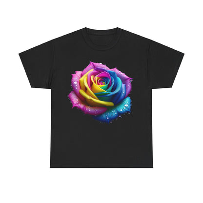 Close-Up of a Rainbow Rose Unisex Cotton Tee Graphic T Shirt Unisex with vibrant rainbow rose design and water droplets on a black background.