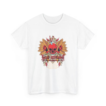 Stunning vibrant red skull graphic t-shirt featuring baroque wings and the inspirational message 'Never Surrender', perfect for bold fashion statements.