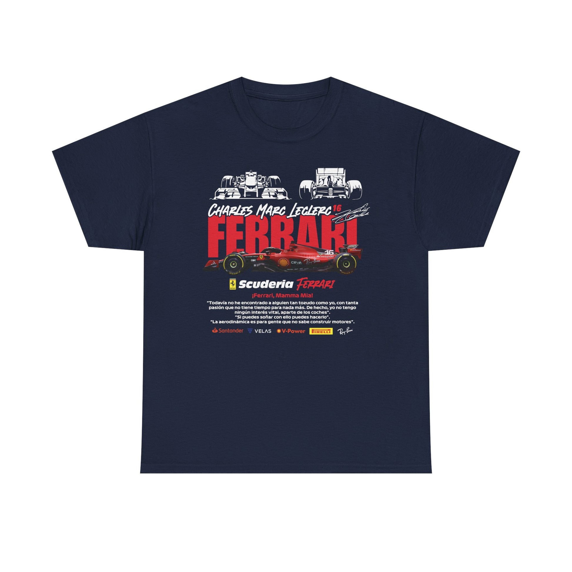 Elegant navy blue men's Scuderia Ferrari F1 T-shirt adorned with Charles Leclerc's 16 racing design, featuring a striking red Ferrari car and dynamic motorsport graphics.