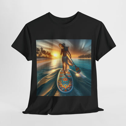 Casual scene featuring the luxury paddle board t-shirt by Dazzling Dreams Studio, highlighting its versatile style for water sports and everyday wear.