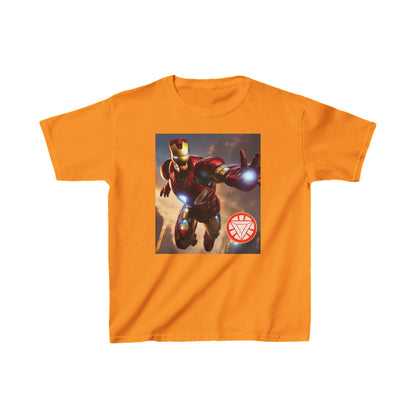 Kids Iron Man Heavy Duty T-Shirt with Hulk Graphic, featuring Iron Man in an energetic pose, perfect for adventurous kids.
