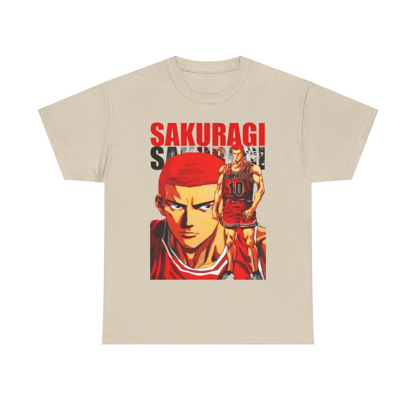 Elegant beige anime t-shirt adorned with a stunning depiction of Sakuragi from Slam Dunk, combining comfort and style in a refined design.