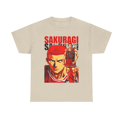 Elegant beige anime t-shirt adorned with a stunning depiction of Sakuragi from Slam Dunk, combining comfort and style in a refined design.