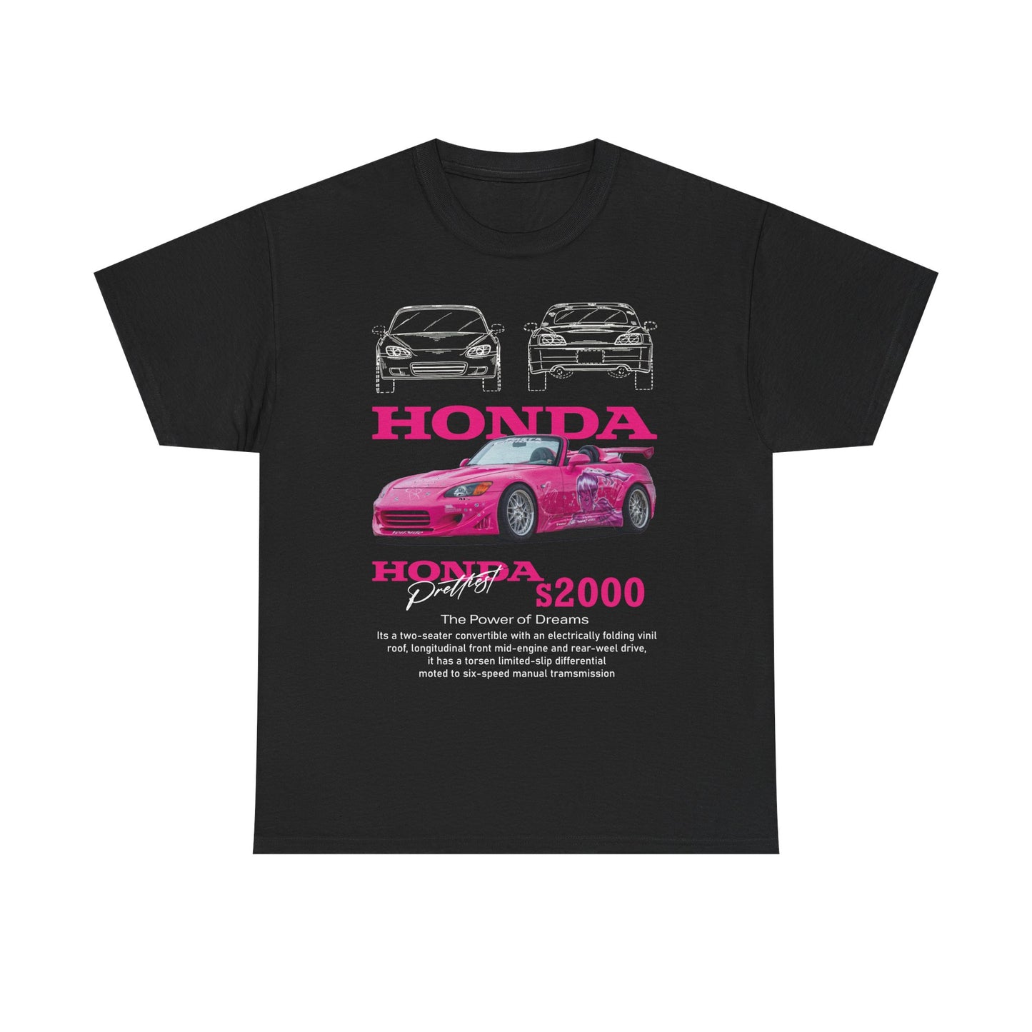 Elegant black men's t-shirt showcasing a striking Honda S2000 graphic in pink, complimented by detailed line drawings of the iconic car.
