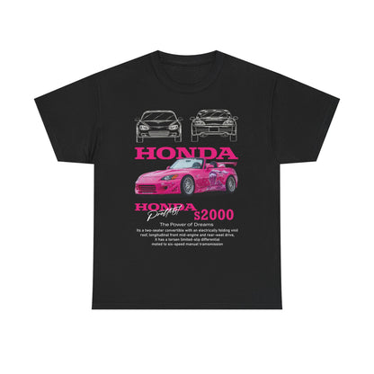 Stylish men's Honda S2000 T-shirt in black, displaying a striking pink graphic of the celebrated convertible, complemented by artistic line illustrations, encapsulating automotive elegance and enthusiasm.
