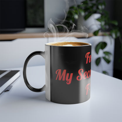 My Second Favourite F-Word Colour Morphing Mug – 11oz Ceramic Football Design displaying steam rising from hot coffee, showcasing the humorous text in vibrant pink on a sleek black background.