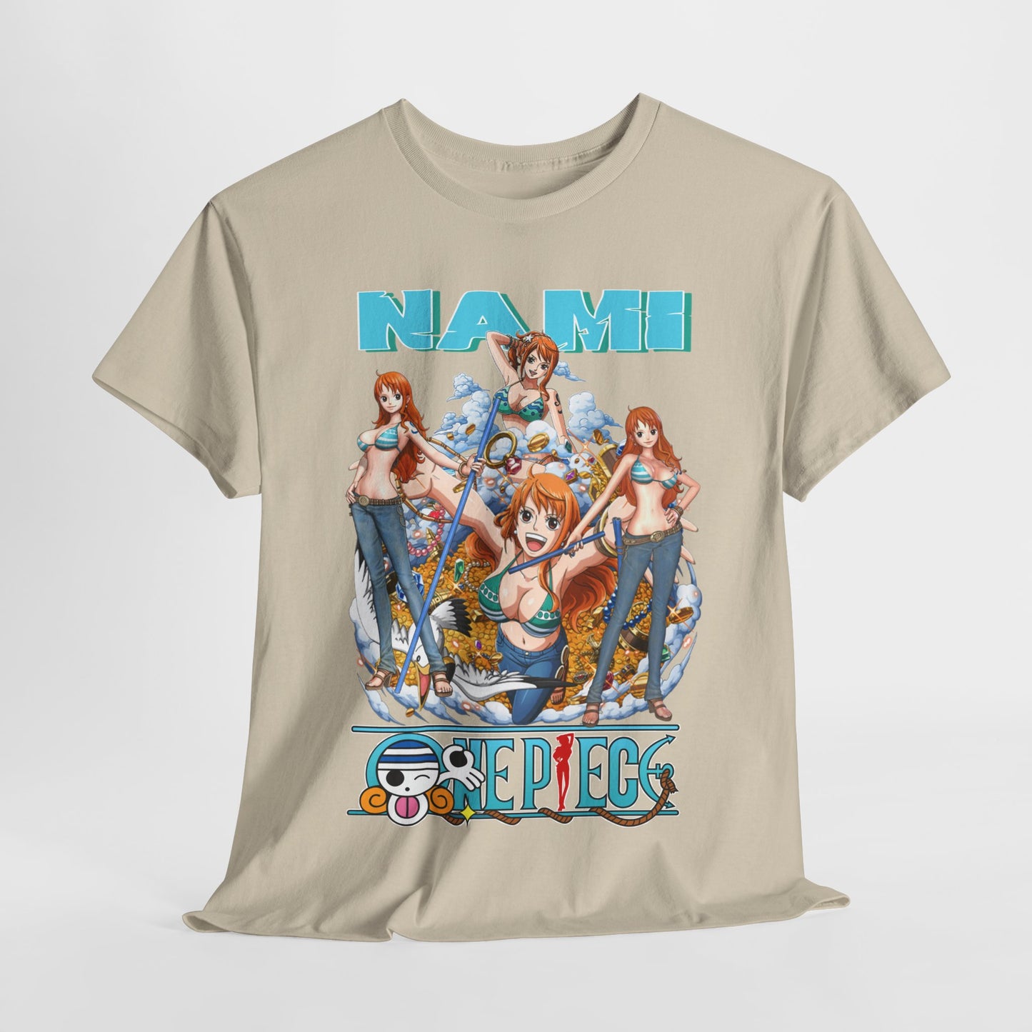 Exquisite Nami graphic t-shirt elegantly showcased, displaying dynamic anime artwork with the iconic 'ONE PIECE' logo, perfect for the discerning anime enthusiast.