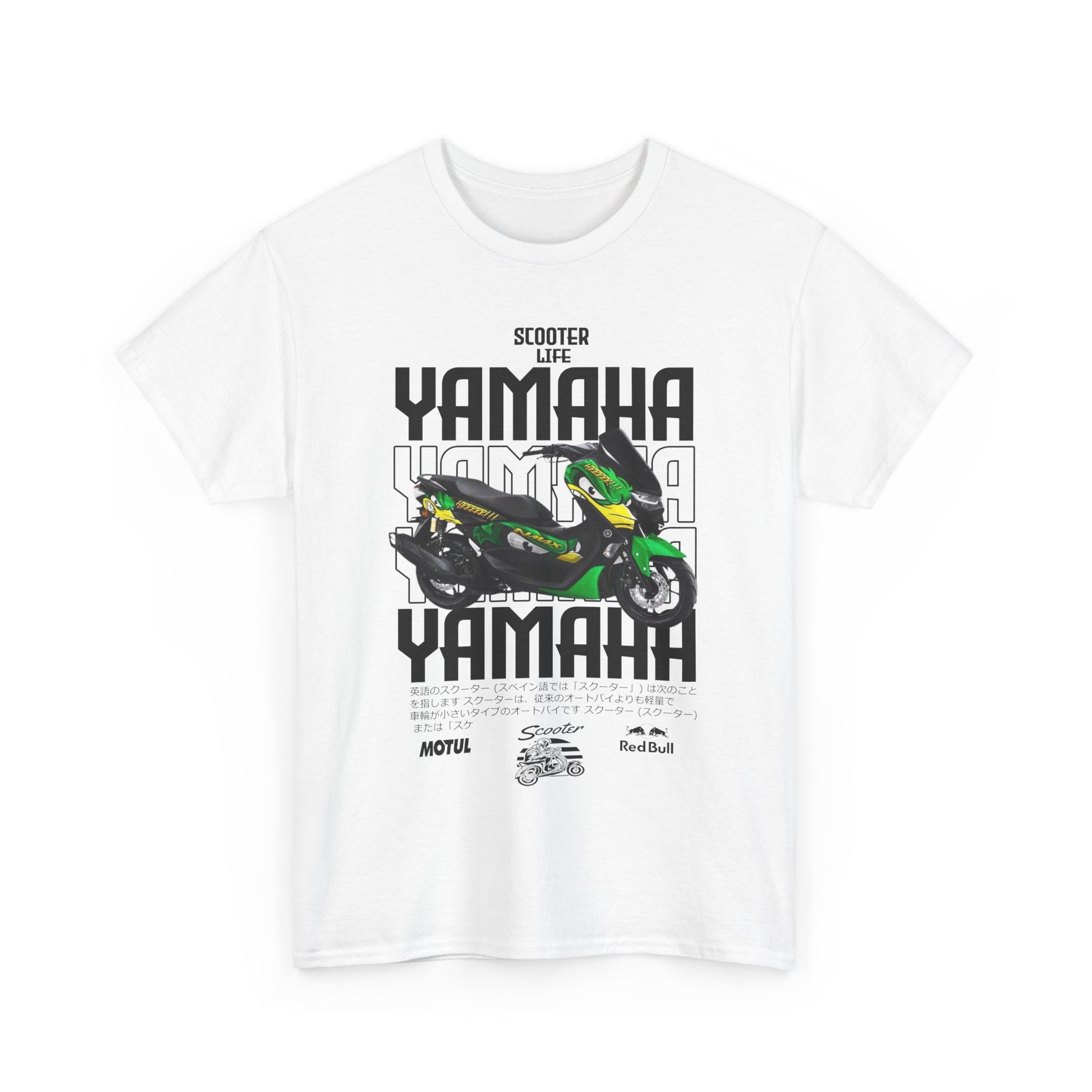 Elegant white men's t-shirt embellished with a striking Yamaha scooter graphic design, featuring stylized text and branding, perfect for adding a touch of adventure to your wardrobe.