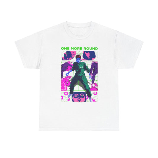 Sophisticated white unisex t-shirt adorned with a unique Squid Game-inspired graphic, showcasing dramatic illustrations in vivid colours, perfect for making a statement in any fashion-forward wardrobe.