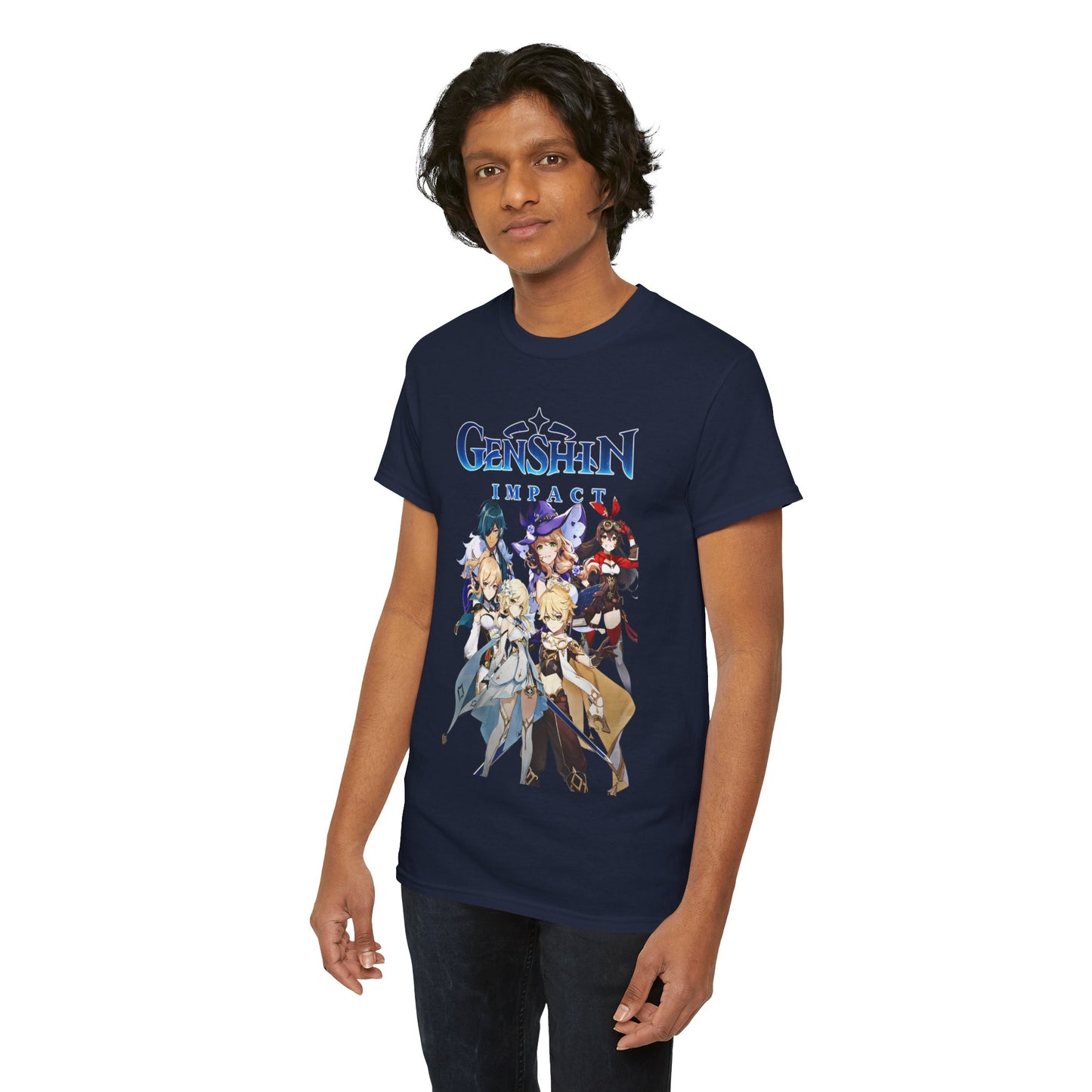 Male model posing in a sophisticated Genshin Legends T-shirt, highlighting the eye-catching artwork and luxurious appeal for anime enthusiasts.