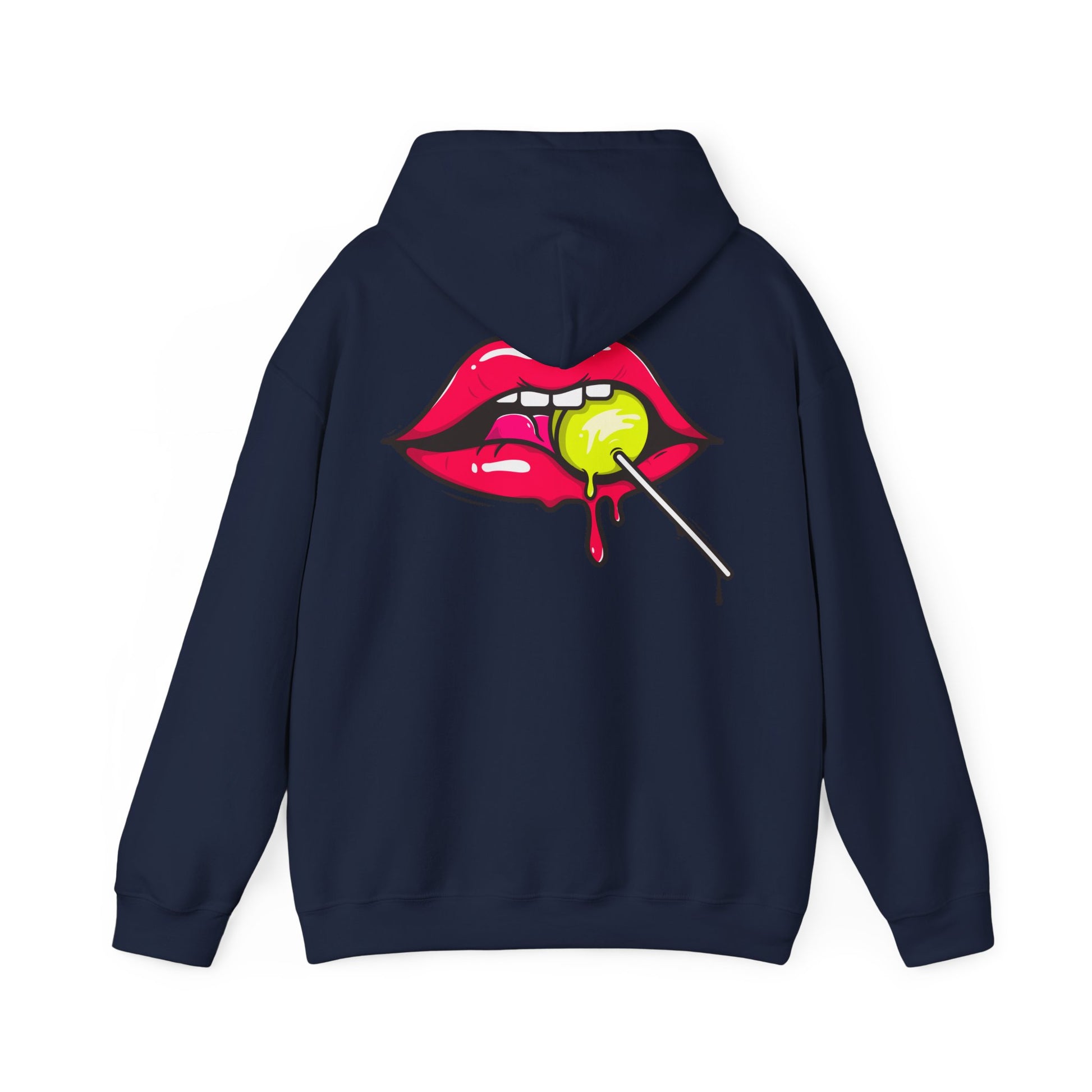 Elegant navy hoodie showcasing a vibrant retro candy graphic featuring luscious red lips and a green lollipop, perfect for making a bold fashion statement.