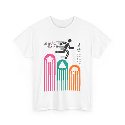 Stylish Squid Game themed t-shirt, showcasing a dynamic design with bold colours, ideal for making a unique fashion statement while celebrating contemporary culture.